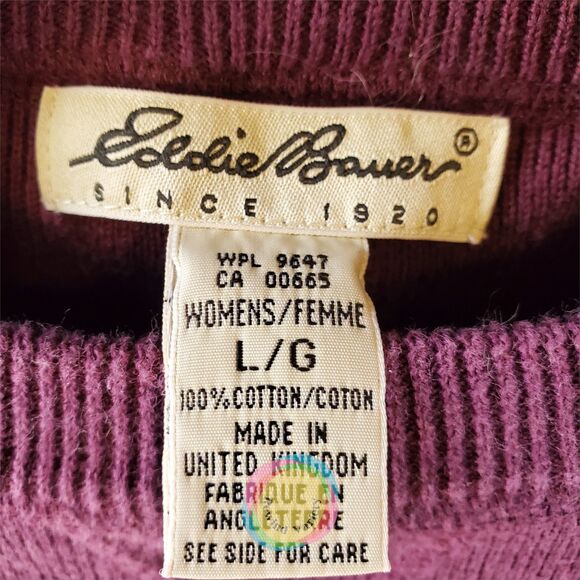 Vintage 80s Eddie Bauer Cotton Knit Sweater Made in UK Purple Boxy Pocket - Picture 3 of 11